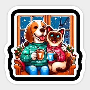 Most Wonderful Time Of The Year Beagle Dog Siamese Cat Ugly Christmas Sweater Hot Chocolate Home Snowing Sticker